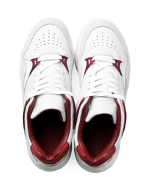 Photo of Pair of stylish shoes on white background, top view