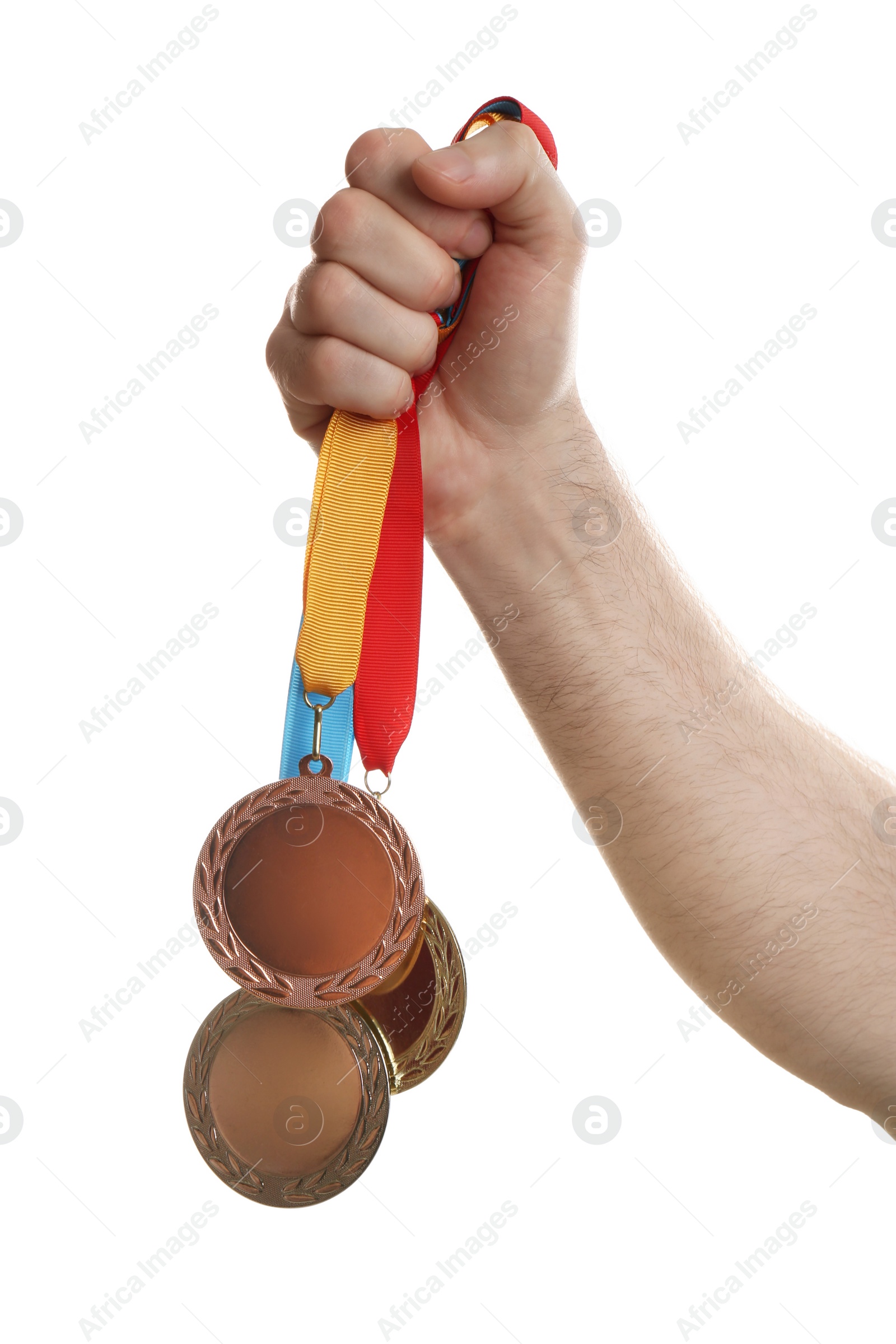 Photo of Man holding medals on white background, closeup. Space for design