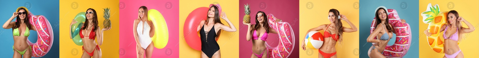 Image of Collage with photos of women wearing bikini on different color backgrounds. Banner design