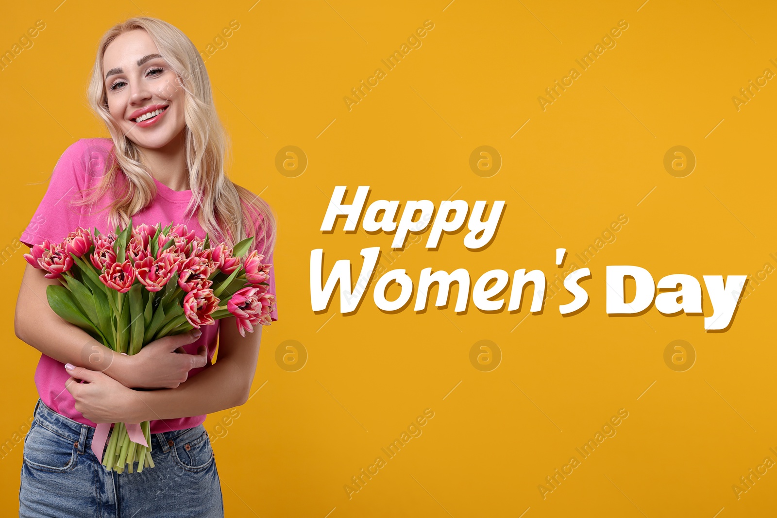 Image of Happy Women's Day - March 8. Attractive lady with bouquet of tulips on orange background