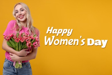 Happy Women's Day - March 8. Attractive lady with bouquet of tulips on orange background