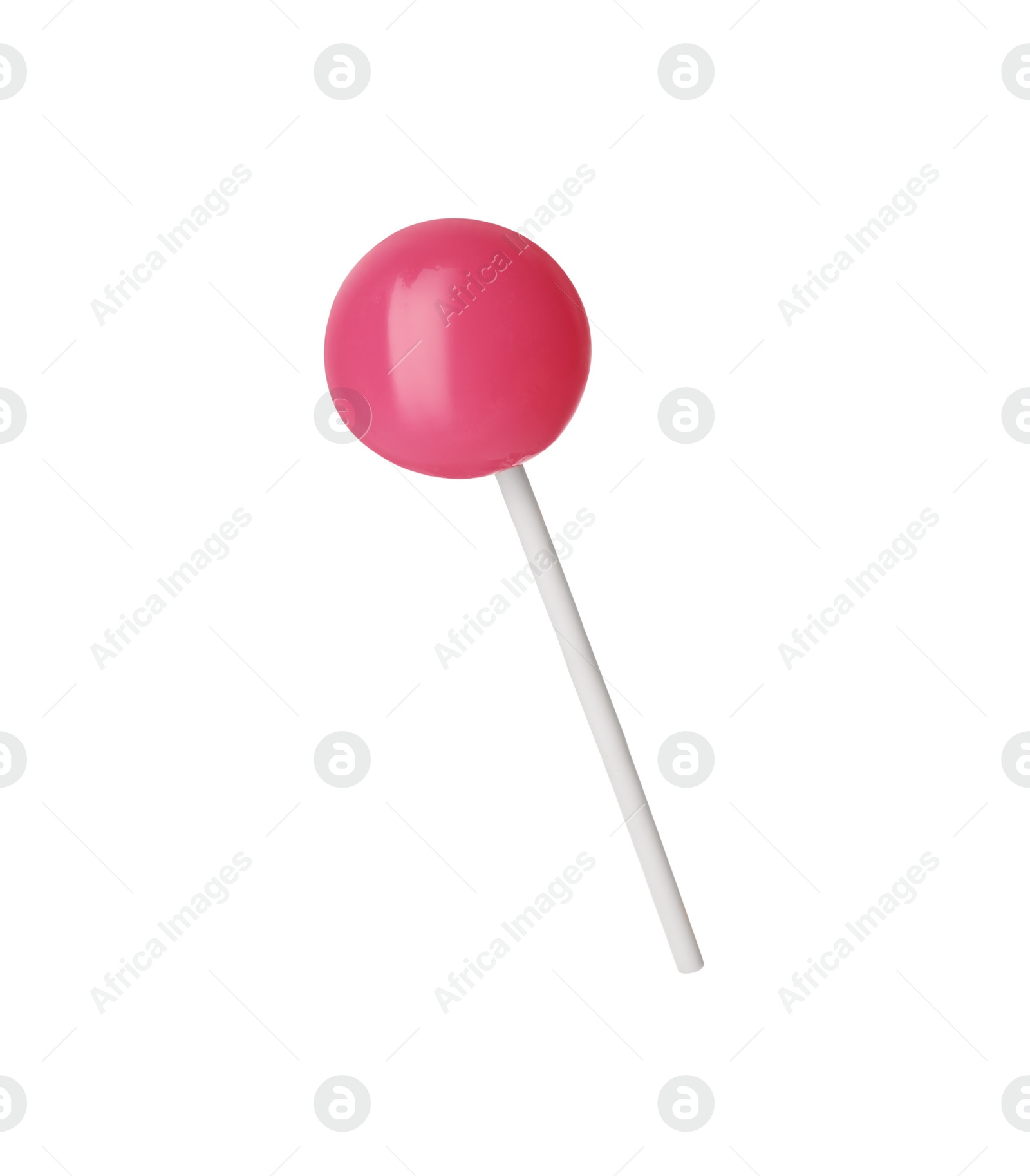 Photo of Tasty pink lollipop isolated on white. Confectionery product