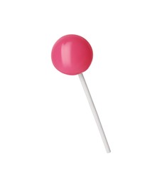 Photo of Tasty pink lollipop isolated on white. Confectionery product