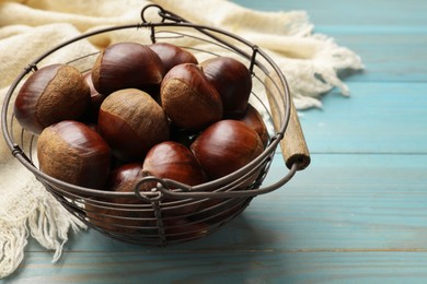 Photo of Roasted edible sweet chestnuts in metal basket on light blue wooden table, closeup. Space for text