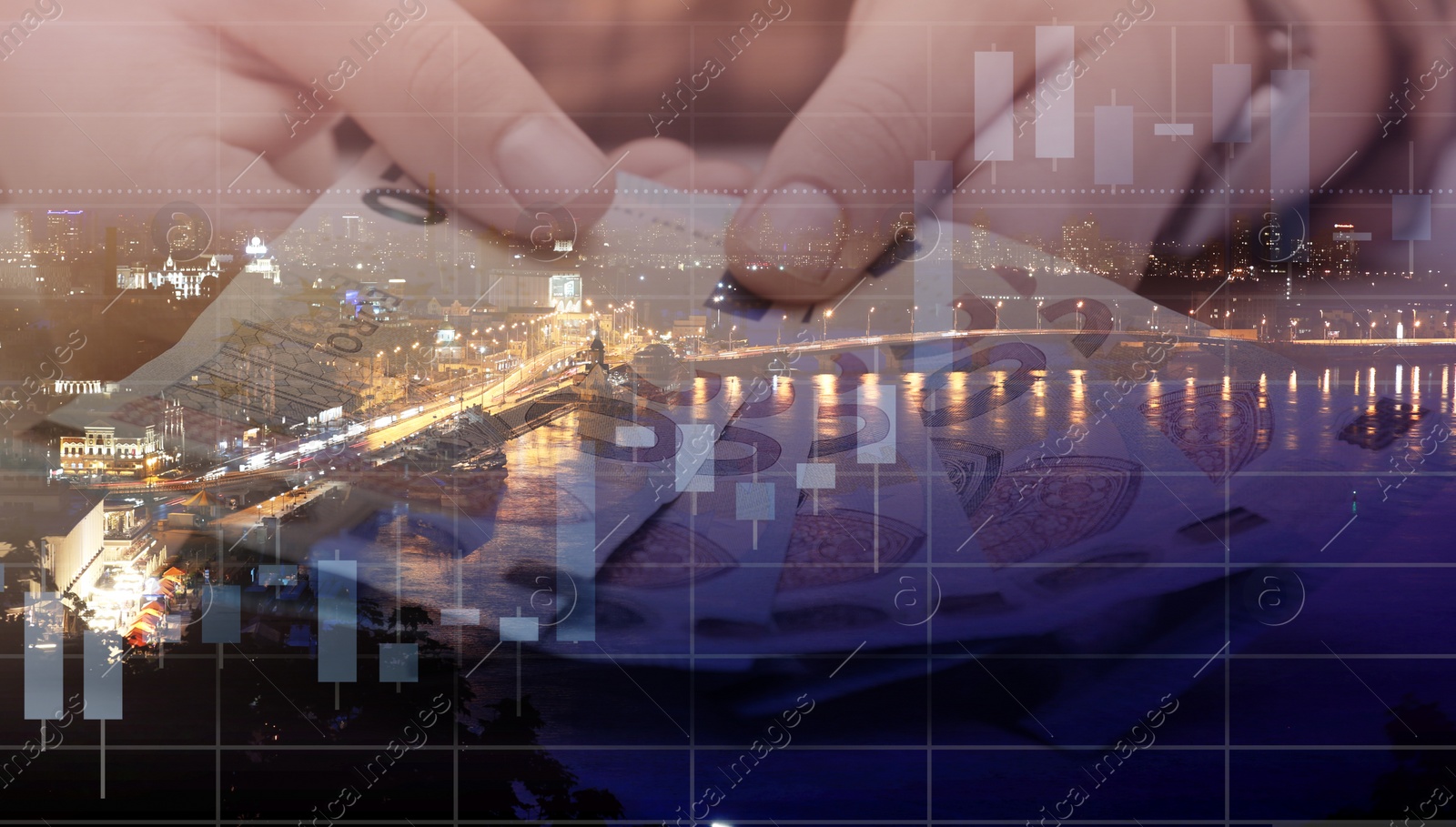 Image of Money exchange. Double exposure with man holding euro banknotes and night city 