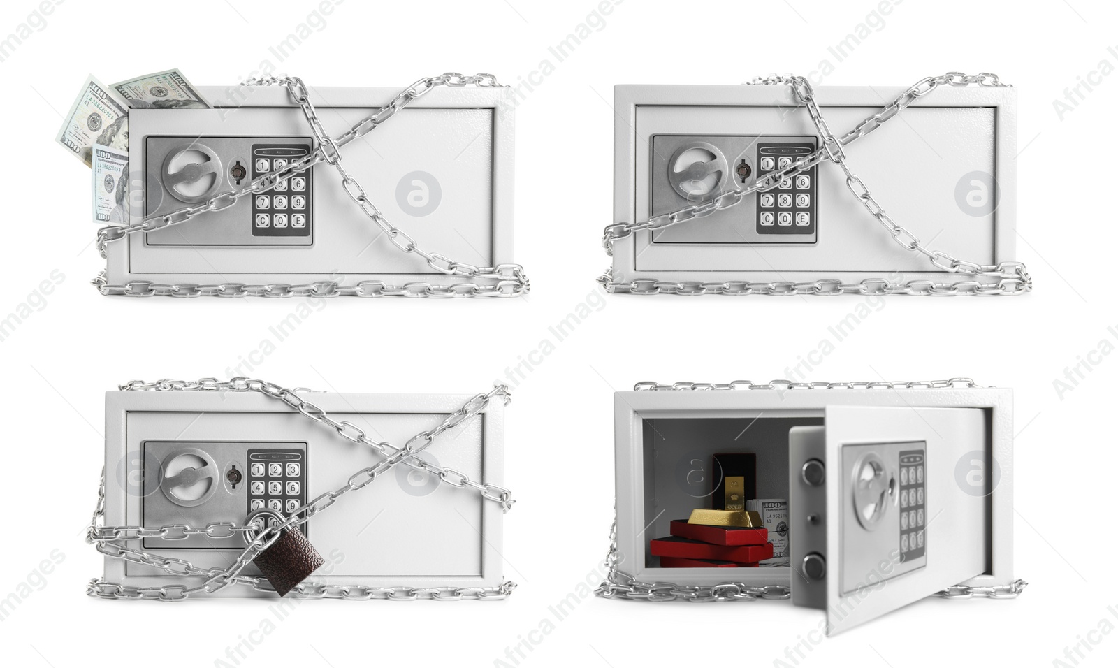 Image of Set with photos of steel safe with chains, gold and banknotes on white background