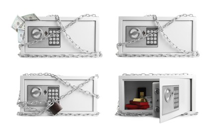 Set with photos of steel safe with chains, gold and banknotes on white background