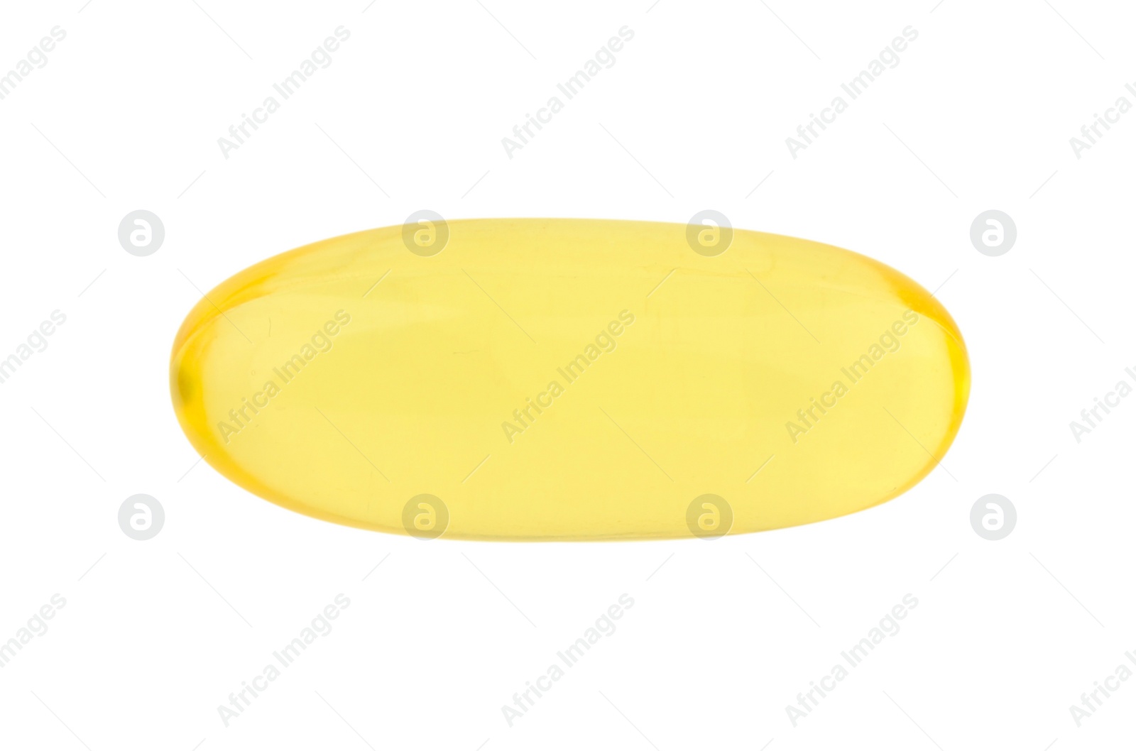 Photo of One yellow vitamin capsule isolated on white, top view