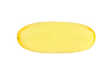 Photo of One yellow vitamin capsule isolated on white, top view