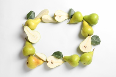 Photo of Frame made of pears on white background, top view