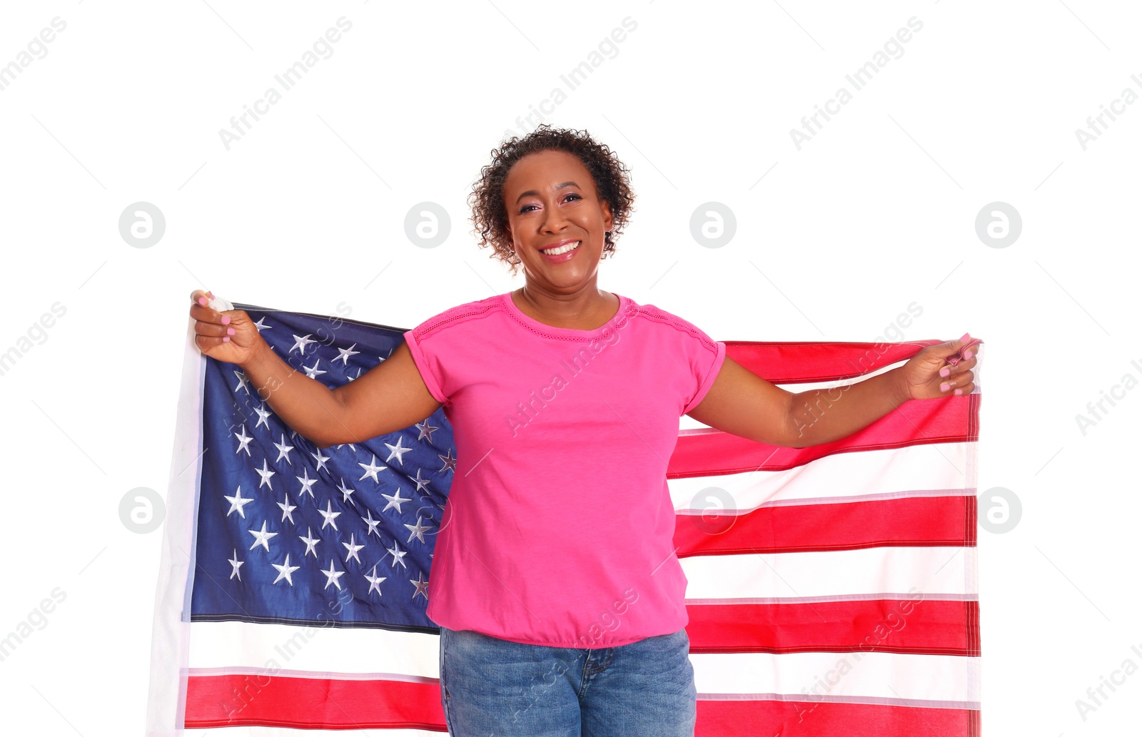 Photo of Portrait of happy African-American woman with USA flag on white background