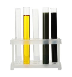 Test tubes with different types of oil isolated on white