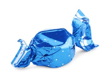 Photo of Candy in light blue wrapper isolated on white