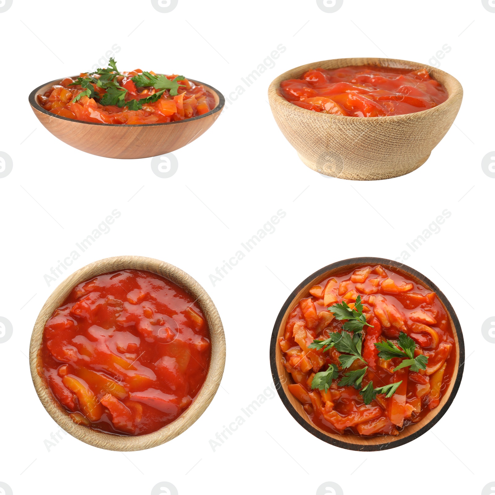 Image of Collage of lecho in bowls on white background, top and side views