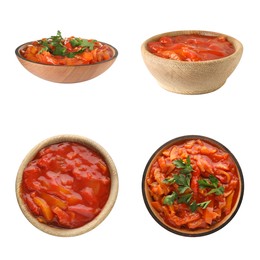 Image of Collage of lecho in bowls on white background, top and side views