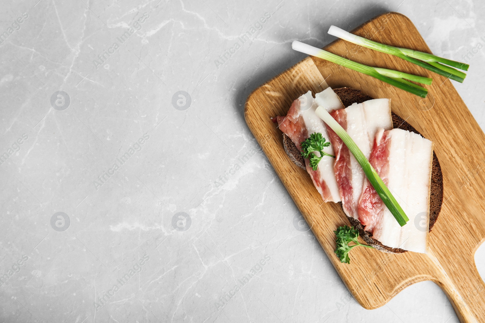 Photo of Board with pork fatback sandwich and onions on grey stone background, top view. Space for text