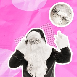 Creative Christmas collage. Santa Claus with headphones listening to music under disco ball against color background