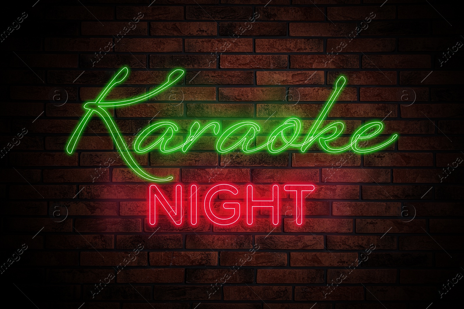 Illustration of Glowing neon sign with words Karaoke Night on brick wall