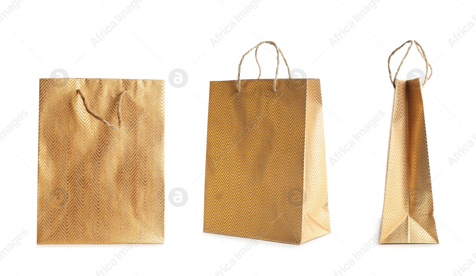 Image of Set of paper shopping bags on white background