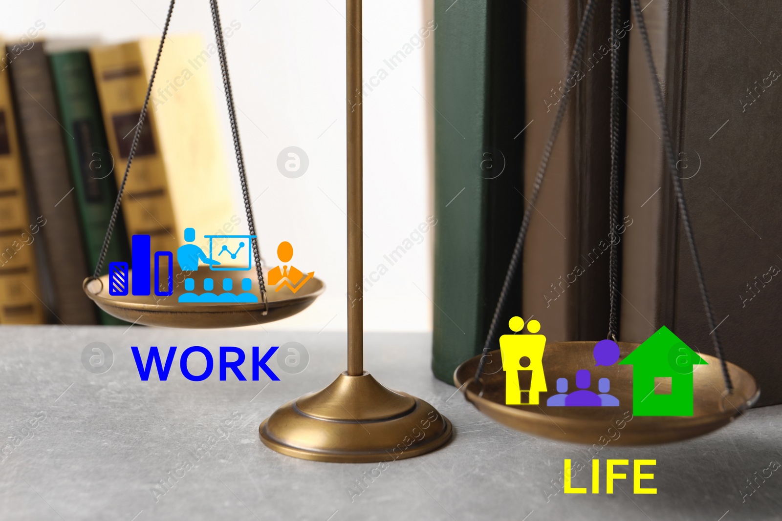 Image of Work-life balance concept. Scale with images on table, closeup