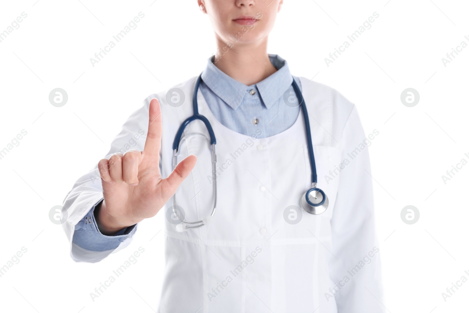 Photo of Female doctor pointing on white background, closeup