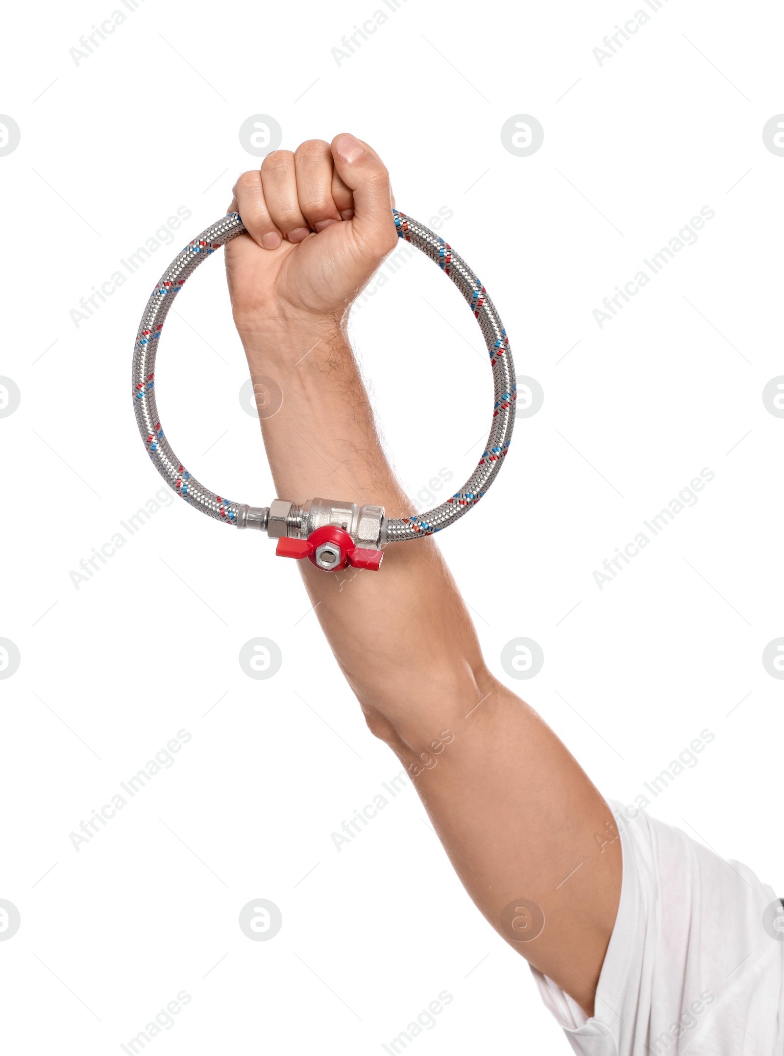 Photo of Male plumber holding flexible hose on white background, closeup