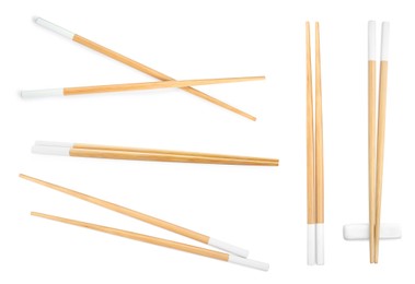 Image of Collage with wooden chopsticks isolated on white