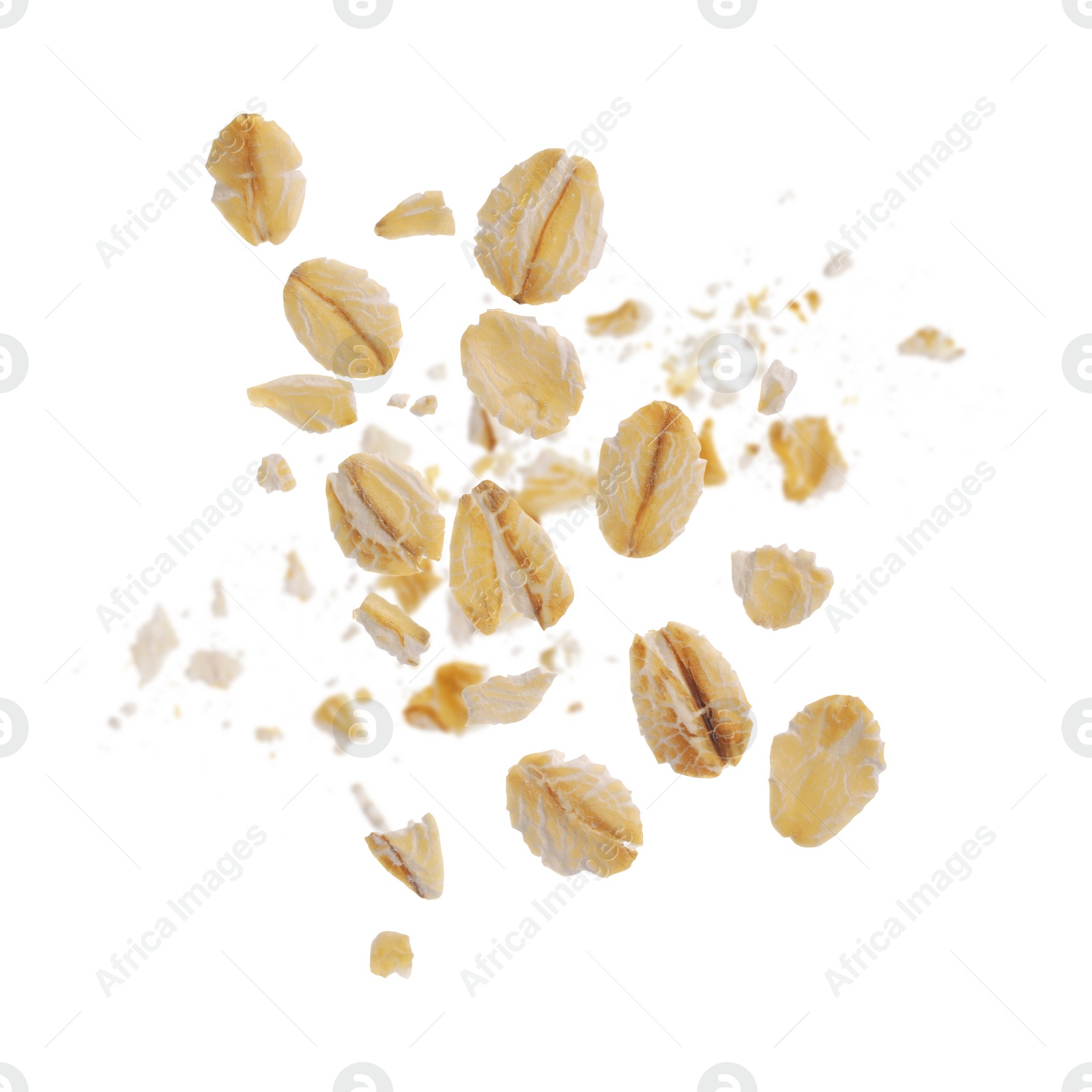 Image of Rolled oat flakes falling on white background