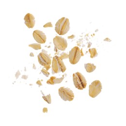 Image of Rolled oat flakes falling on white background