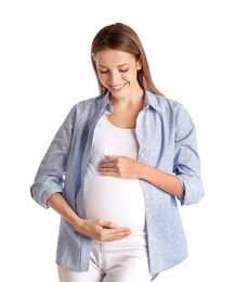 Happy pregnant woman touching her belly on white background