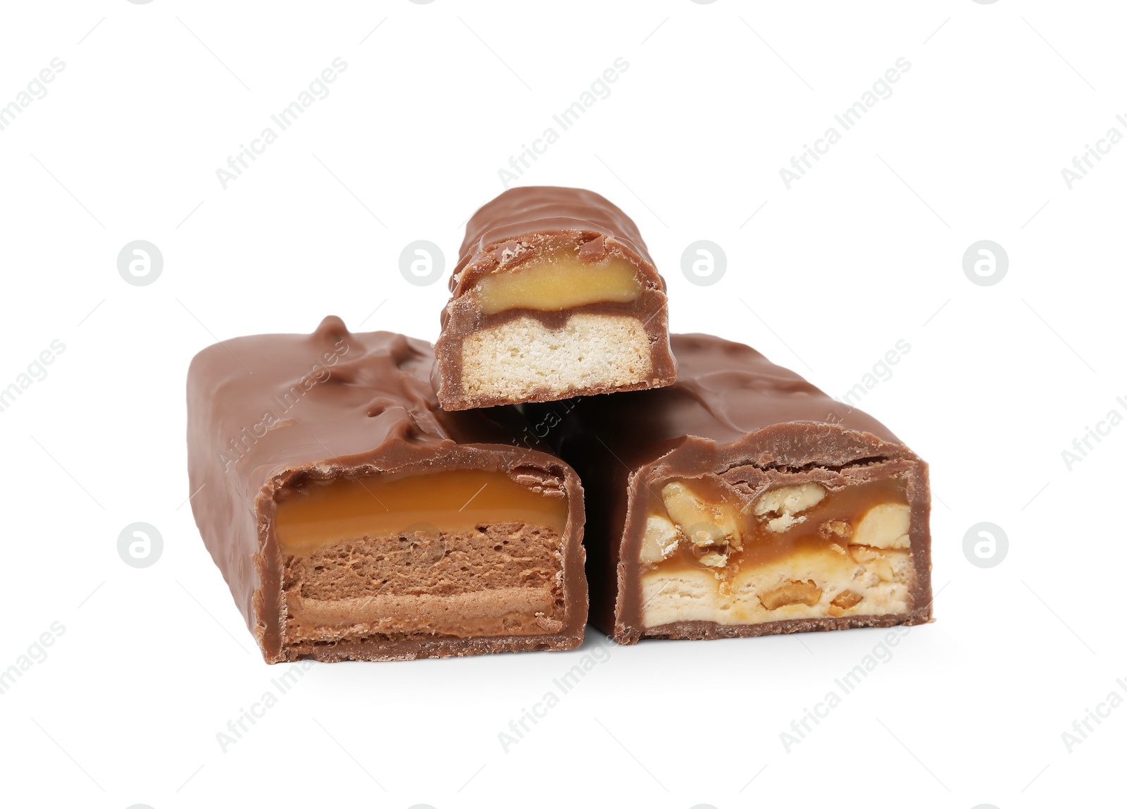 Photo of Pieces of different tasty chocolate bars on white background