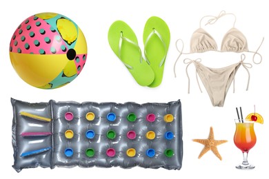 Set with colorful beach ball and other accessories on white background