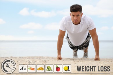 Image of Weight loss concept. Muscular man doing push up on beach