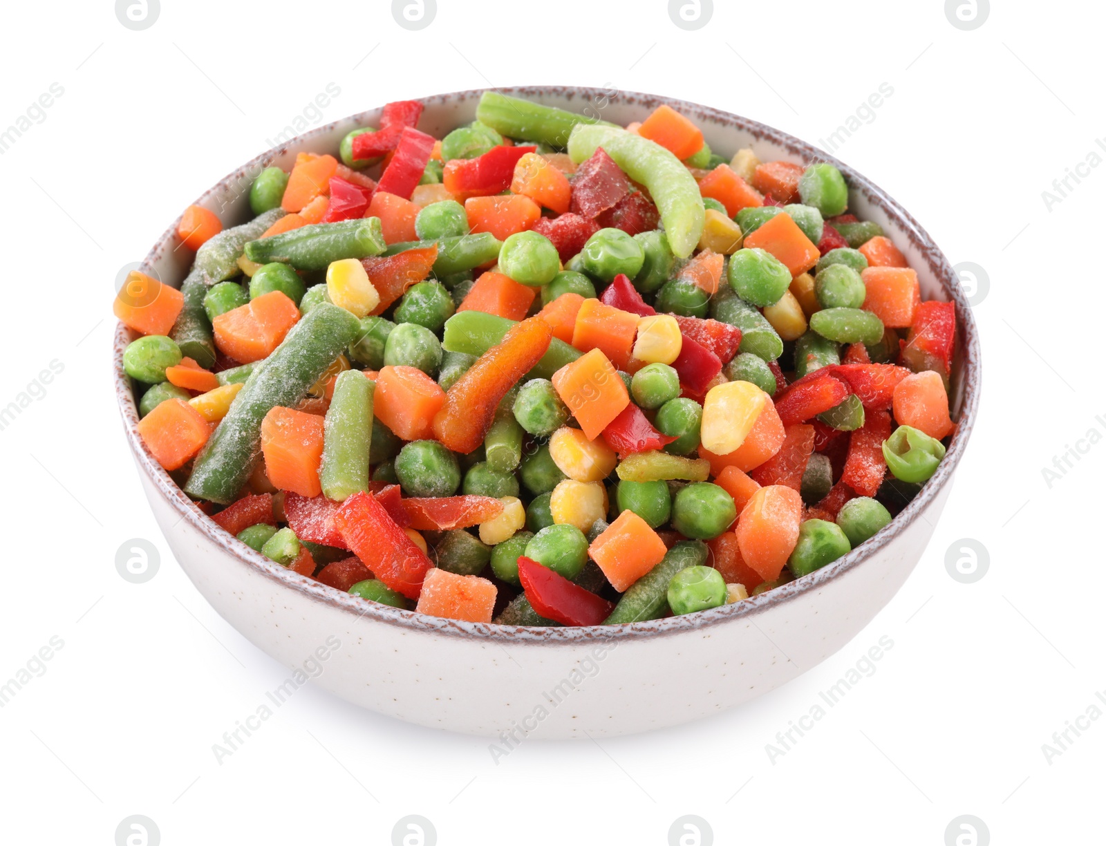 Photo of Mix of different frozen vegetables in bowl isolated on white