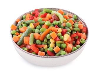 Mix of different frozen vegetables in bowl isolated on white