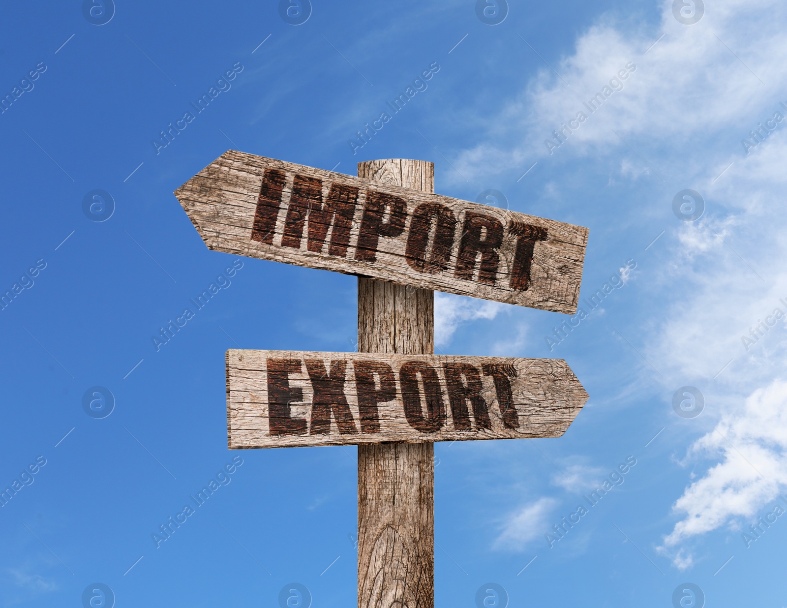 Image of Wooden road sign with Import and Export words on arrows pointing in opposite directions against sky