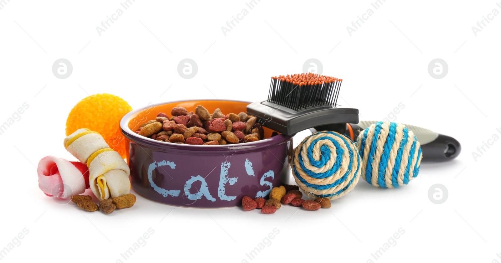 Photo of Cat toys and accessories on white background. Pet care