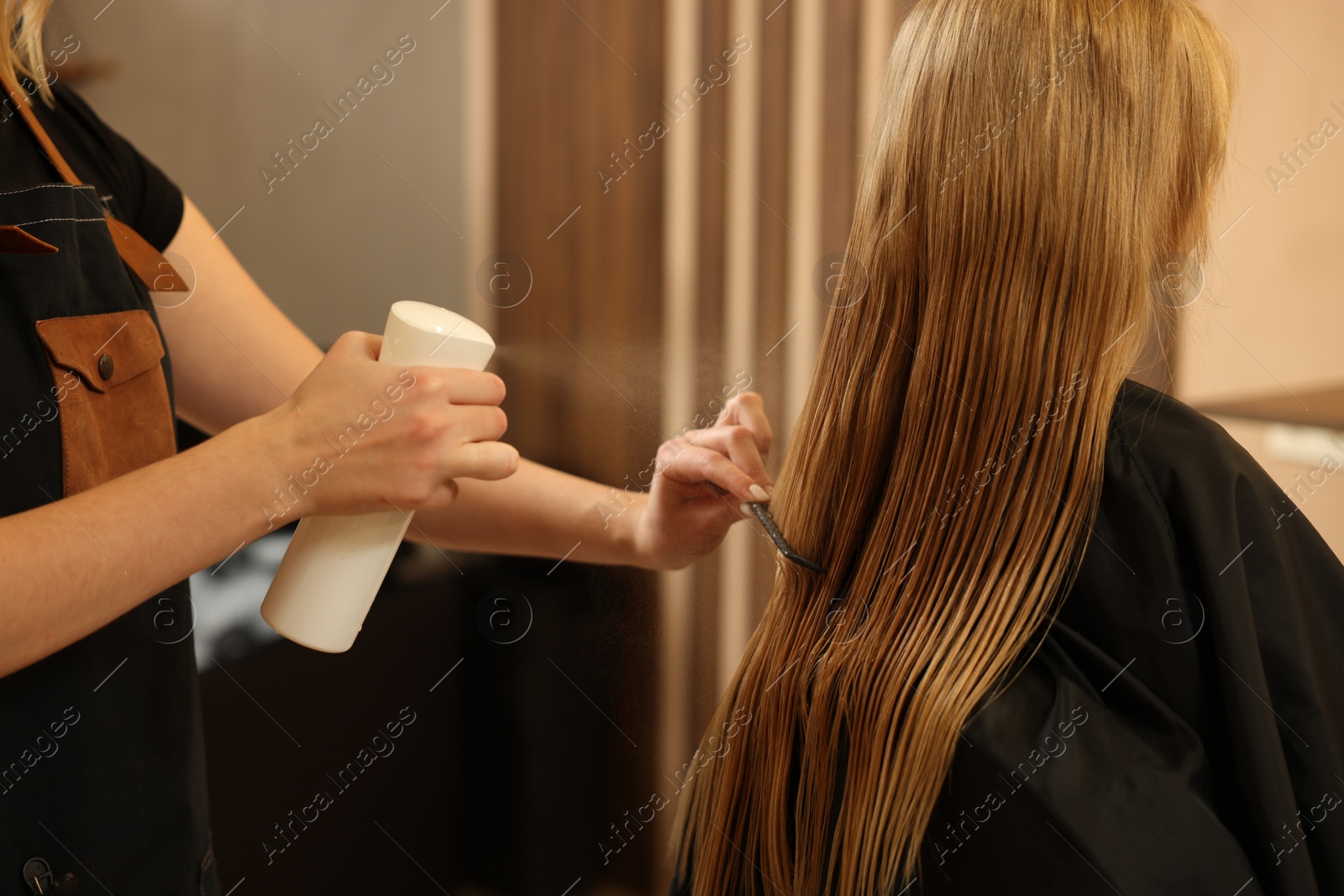 Photo of Professional hairdresser working with girl in beauty salon