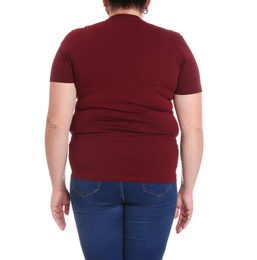 Photo of Overweight woman on white background, closeup. Weight loss