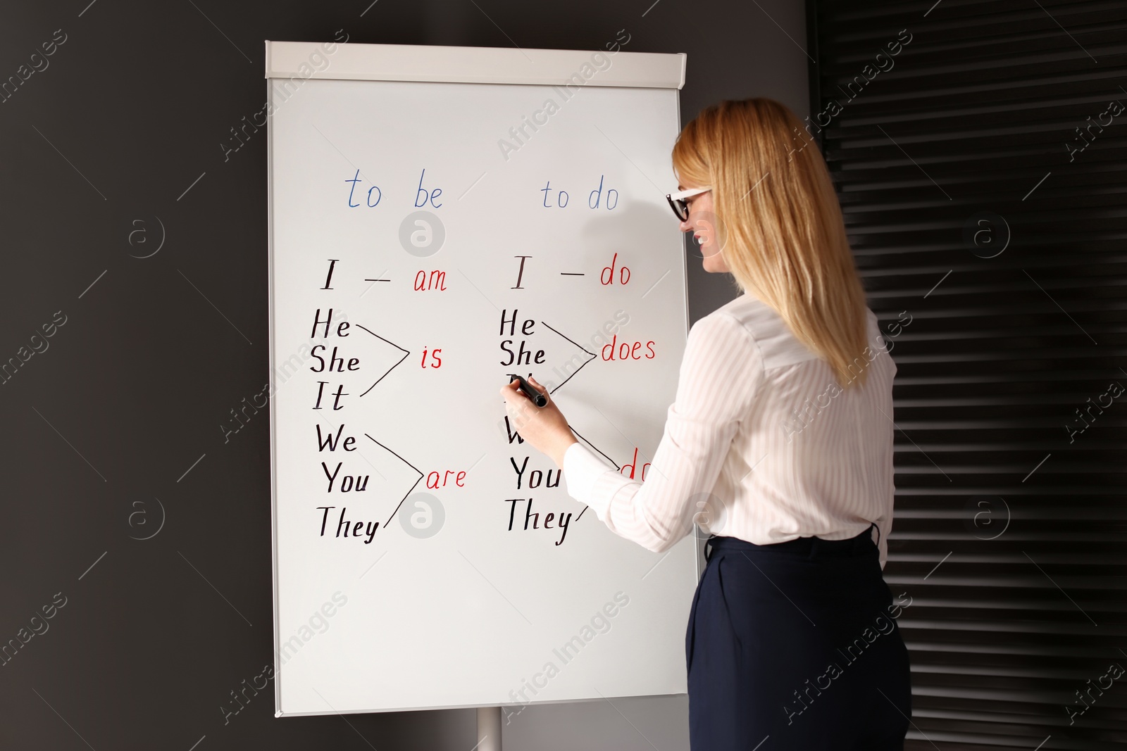 Photo of English teacher writing on whiteboard in class at lesson