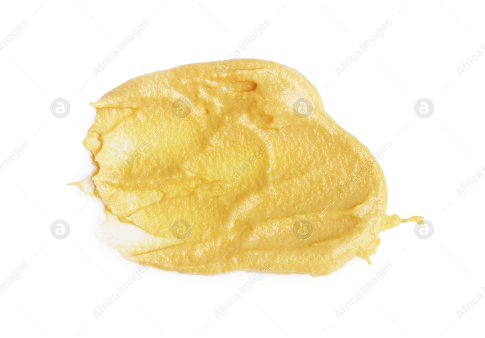 Photo of Smear of delicious mustard isolated on white, top view