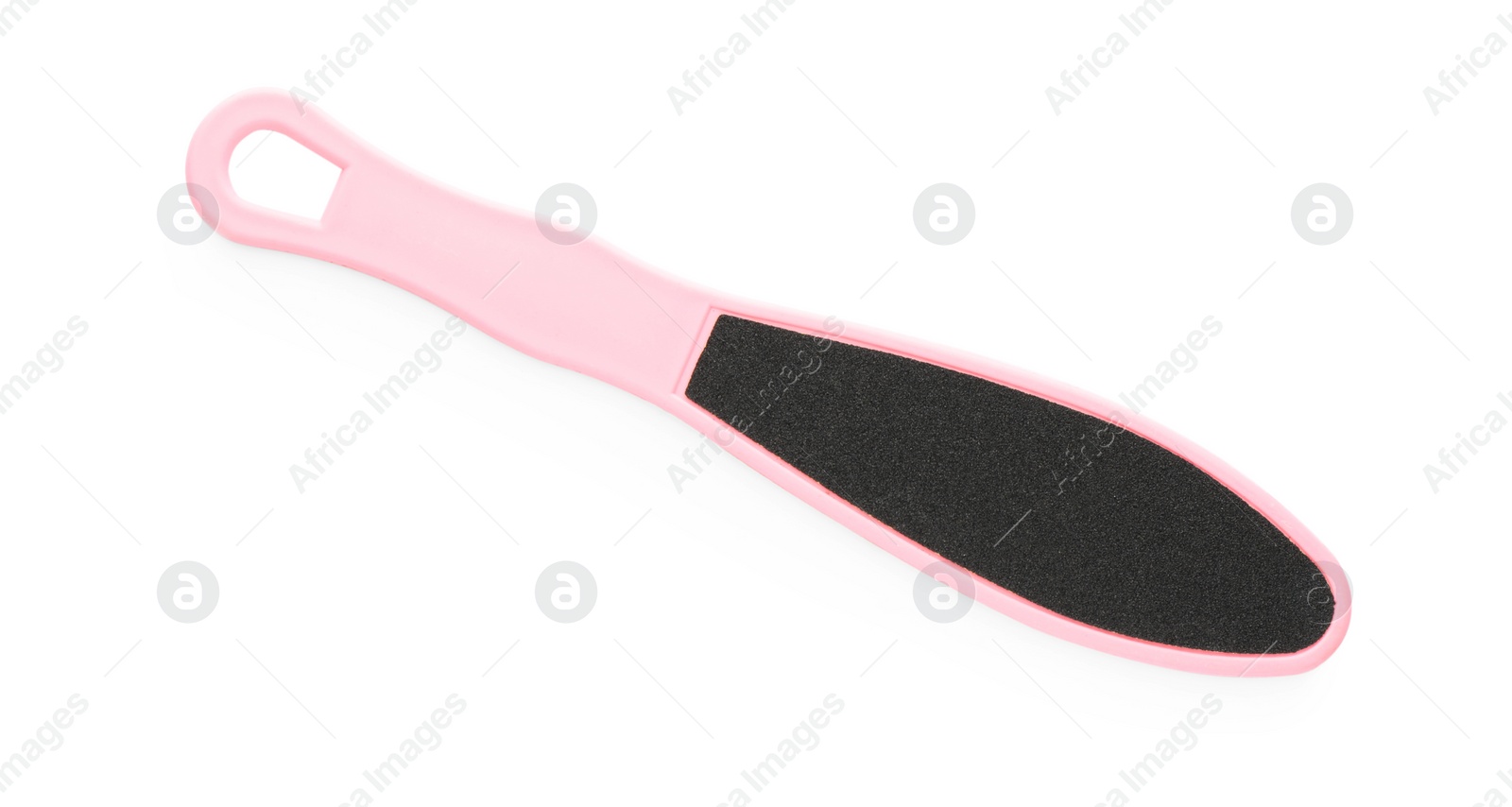 Photo of Pink foot file on white background, top view. Pedicure tool