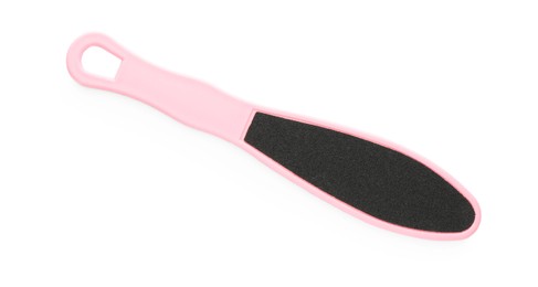 Photo of Pink foot file on white background, top view. Pedicure tool