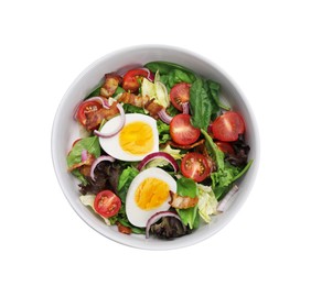 Photo of Delicious salad with boiled egg, bacon and vegetables in bowl isolated on white, top view