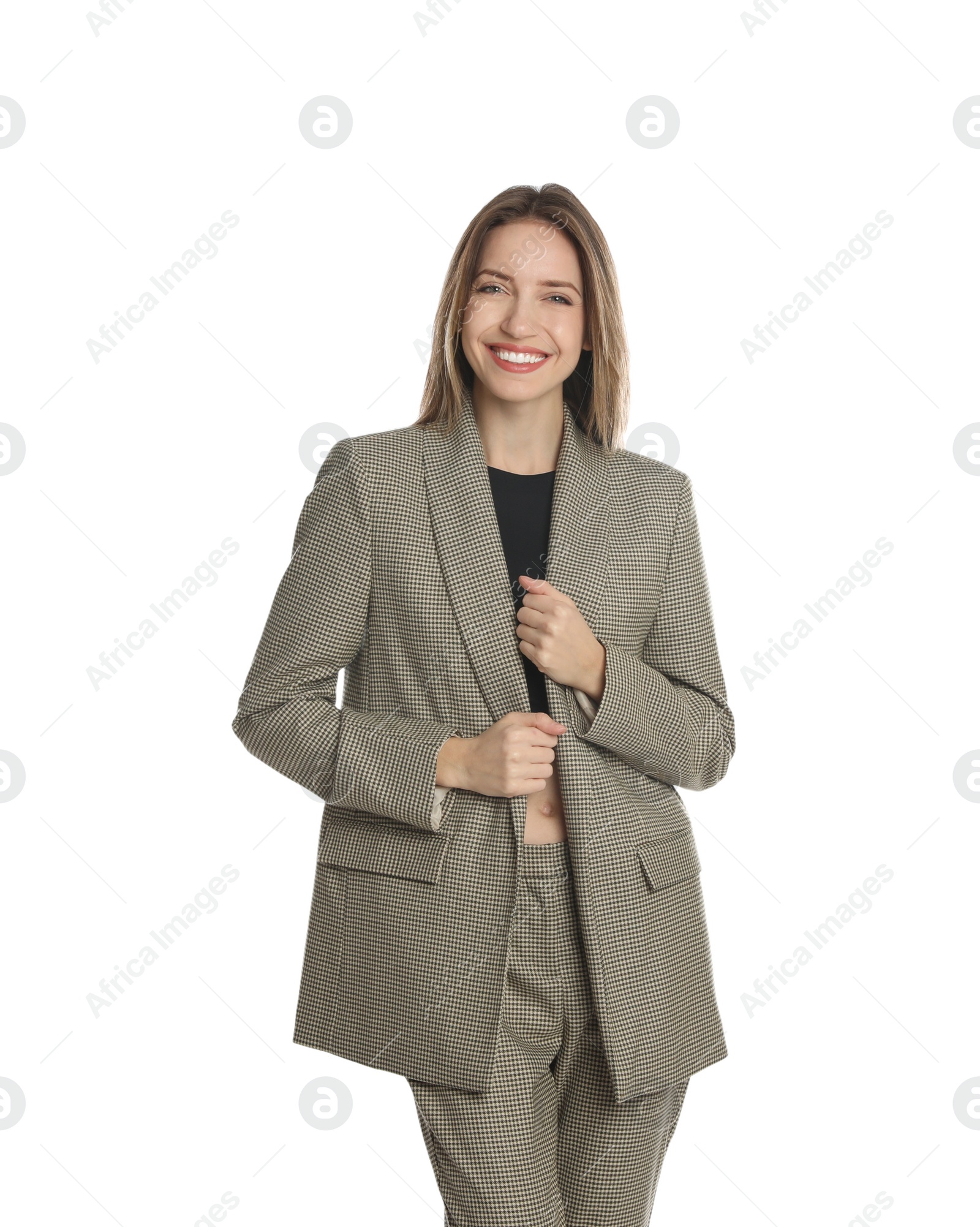 Photo of Portrait of beautiful young woman in fashionable suit on white background. Business attire