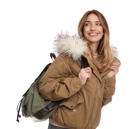 Photo of Woman with backpack on white background. Winter travel