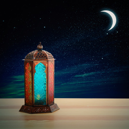 Image of Traditional Ramadan lantern on table. Muslim holiday