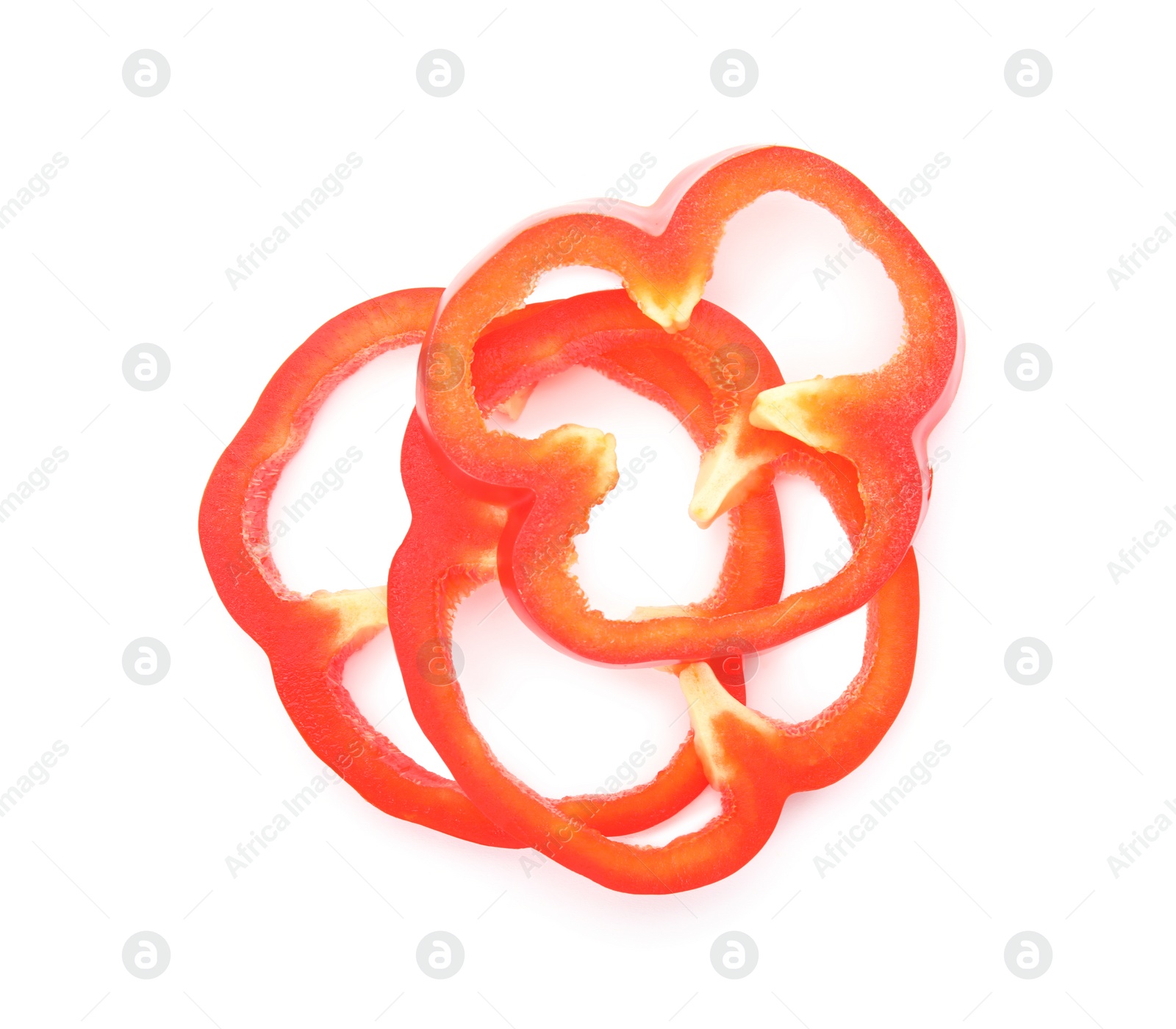 Photo of Cut ripe paprika pepper on white background, top view