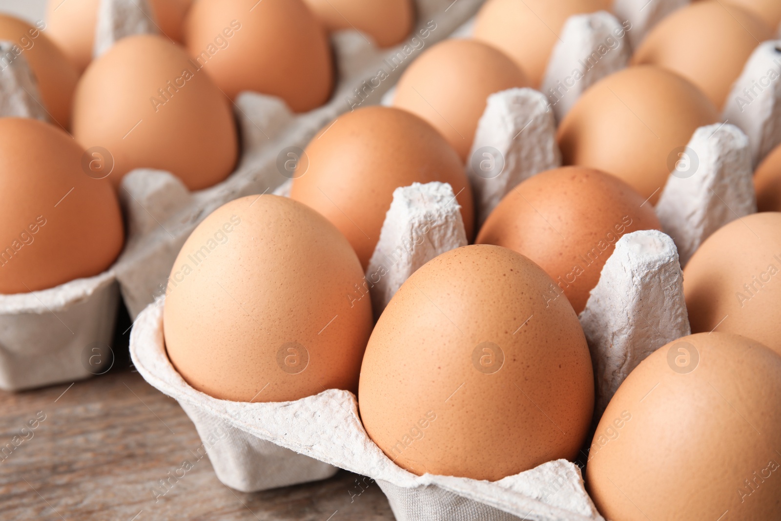 Photo of Raw chicken eggs in carton, closeup view