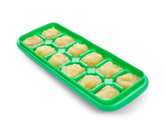 Photo of Apple puree in ice cube tray isolated on white. Ready for freezing